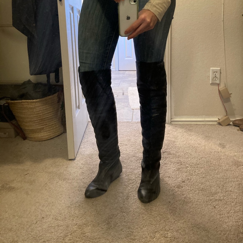 Genuine leather over the knee flat boots